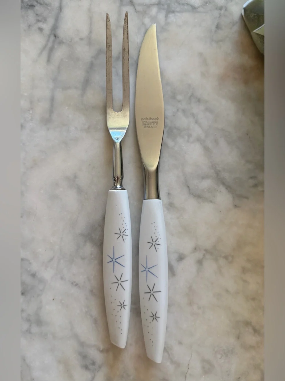 Vintage Mode Danish MCM Carving Set Knife Fork Atomic Starburst White Handles